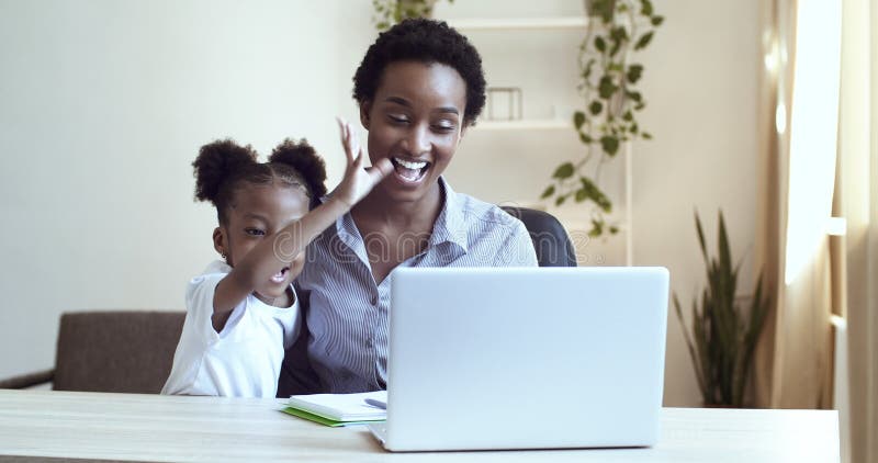 Business Woman and Little Black Girl Child Speaks by Video Communication Online on Internet Waving Hands in Webcam Stock Video - Video of chat, cyberspace: 205891391