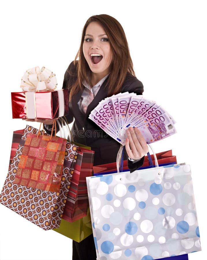 Business woman with money, gift box and bag.