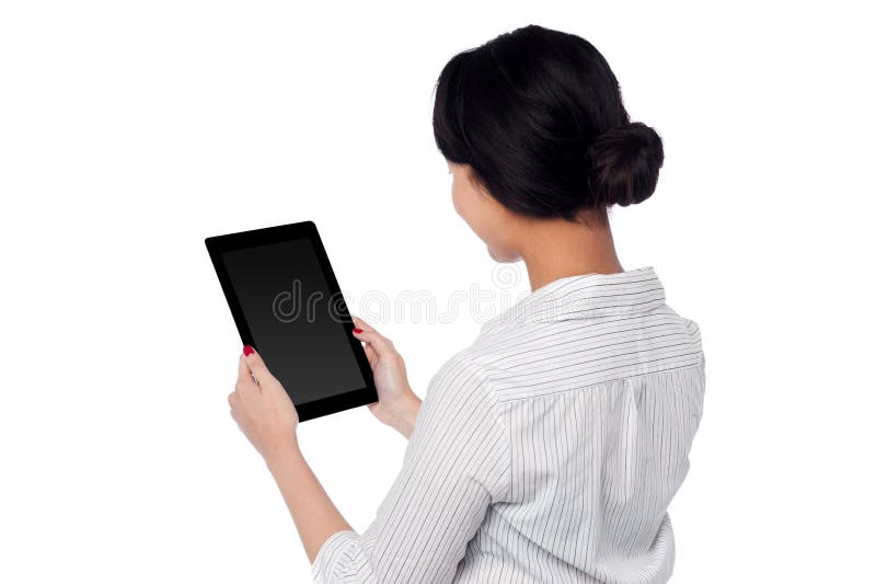 Back Pose Woman Operating Touch Pad Device Stock Photos Free