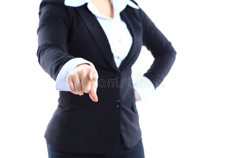 Business woman point finger at you looking at camera