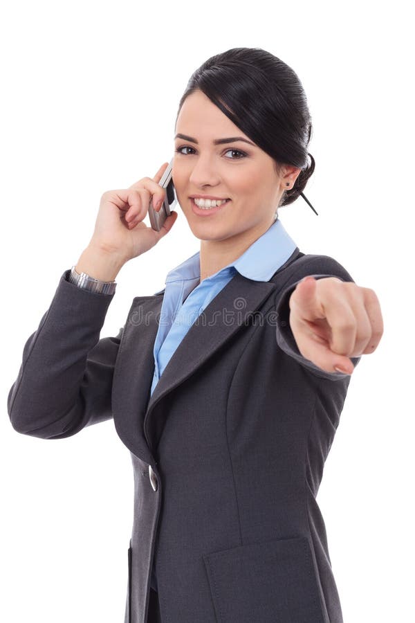 Business woman pointing on the phone