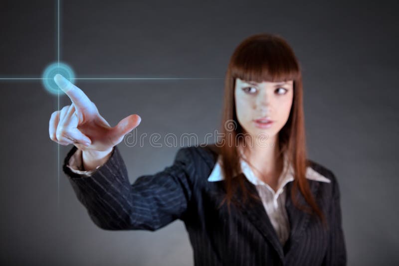 Business woman pointing on sensor screen