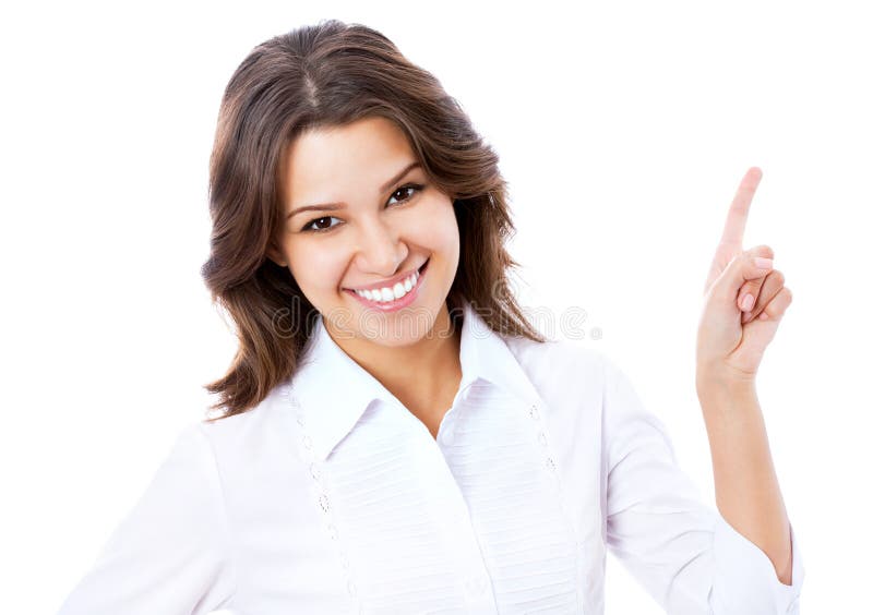 Business woman pointing at white background