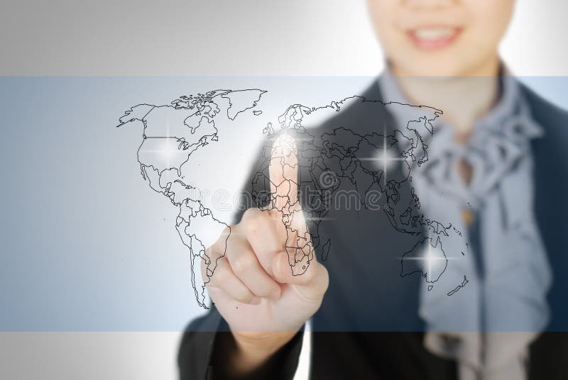 Business woman pointing world map screen