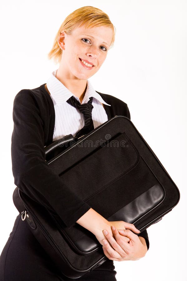 Business woman posing with her laptop bag