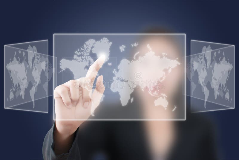 Business woman pushing world map. royalty free stock photos