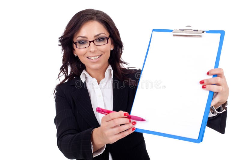 Business woman showing a clipboard