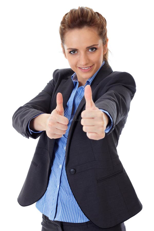 Business woman shows both thumbs up, isolated