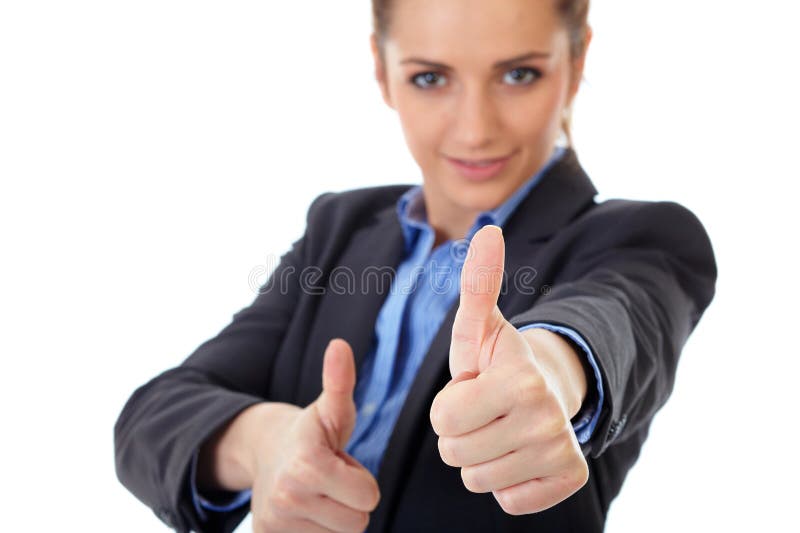 Business woman shows both thumbs up, isolated