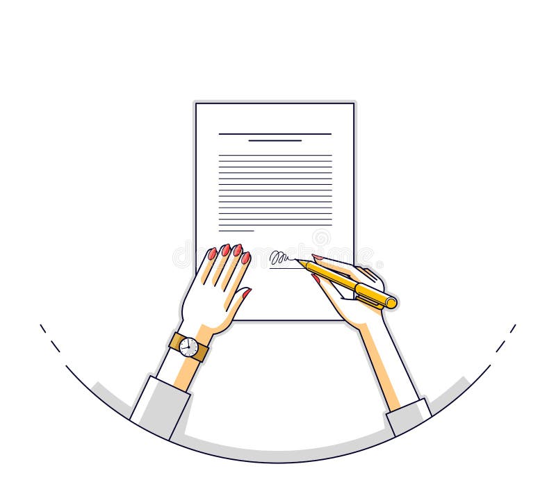 Business woman signs contract official paper document with seal, lady boss signs an order or directive, approve disposal, CEO man royalty free illustration