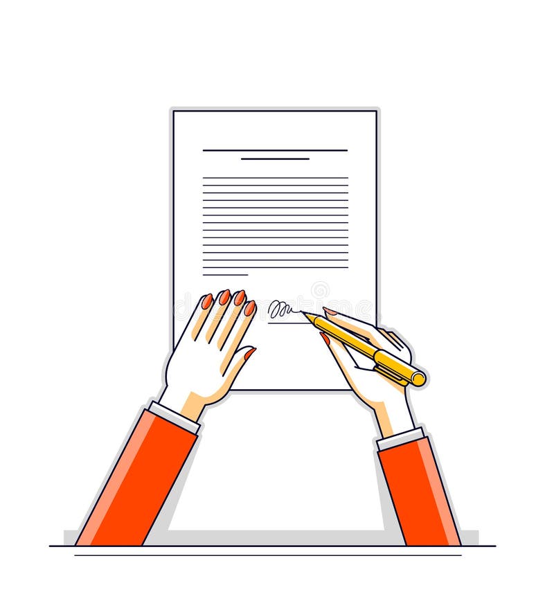 Business woman signs contract official paper document with seal vector illustration