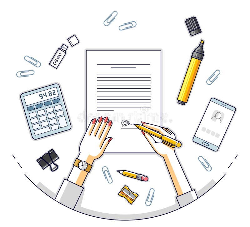 Business woman signs contract official paper document with seal, lady boss signs an order or directive, approve disposal, CEO stock illustration