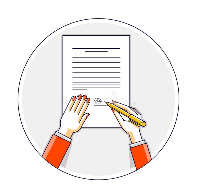 Business woman signs contract official paper document with seal, lady boss signs an order or directive, approve disposal, CEO stock illustration