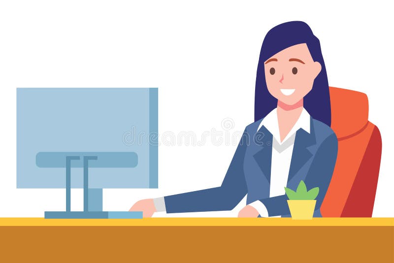 Business woman sit on desk and working on computer vector illustration