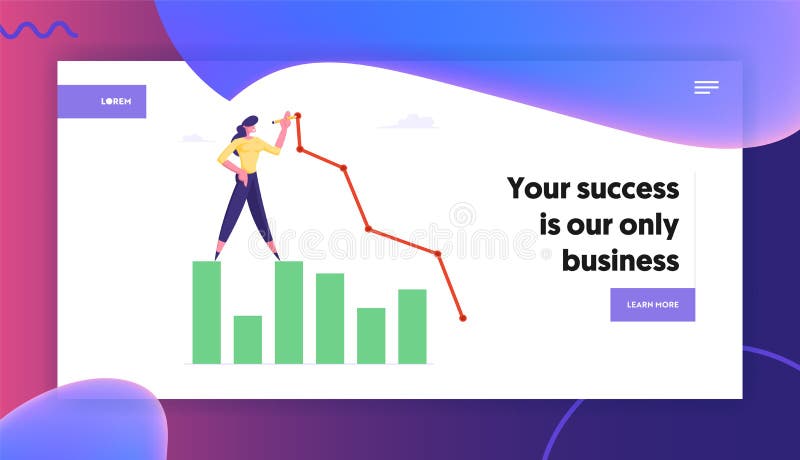 Business Woman Stand on Column Chart Drawing Broken Curve Line. Growth Data Analysis Graph, Financial Statistic Diagram vector illustration Business Woman Stand on Column Chart Drawing Broken Curve Line. Growth Data Analysis Graph, Financial Statistic Diagram vector illustration