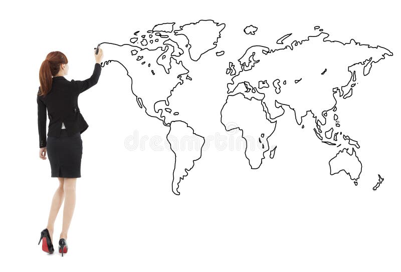 Business woman standing and drawing global map over white background. Global network connection map stock images, royalty-free photos and pictures
