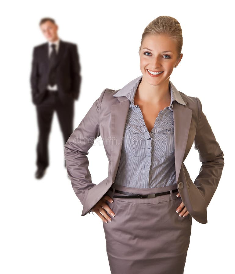 Business woman in suit with man isolated