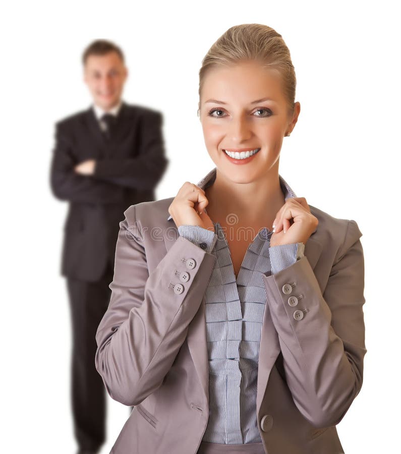 Business woman in suit with man isolated