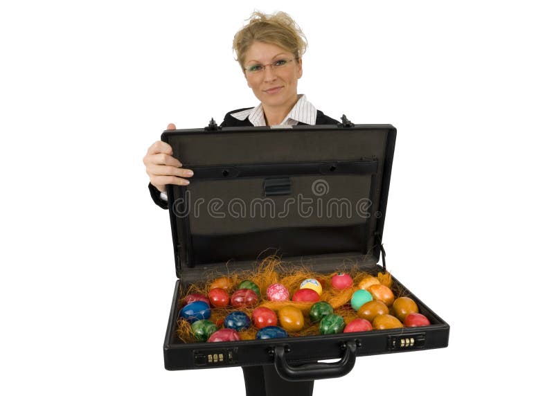 Business Woman with a briefcase full of eggs.