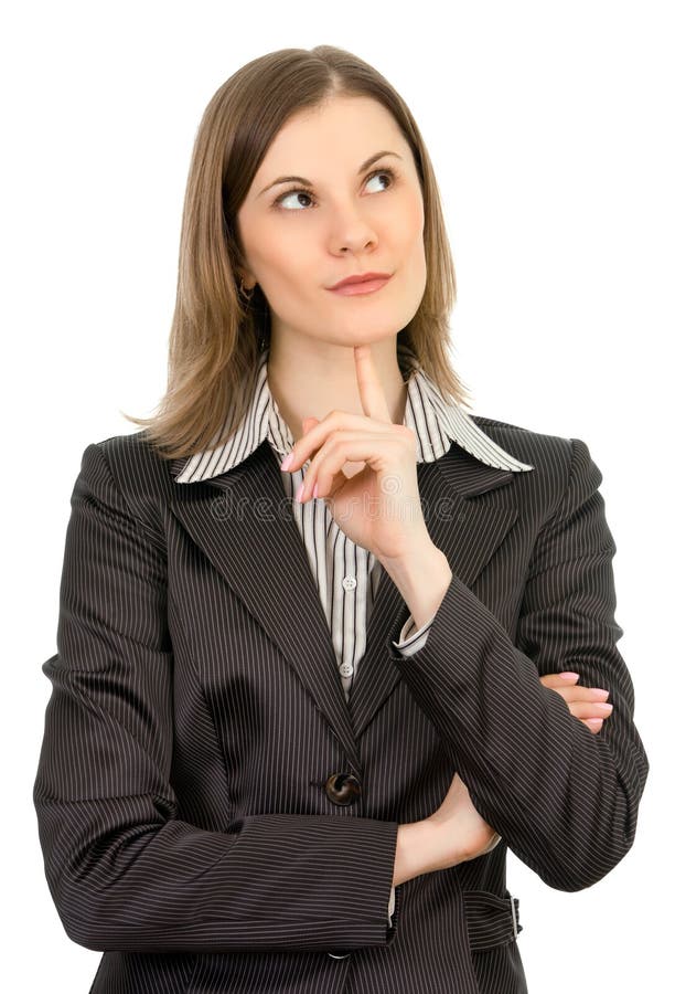 Business woman thinking. Isolated on white