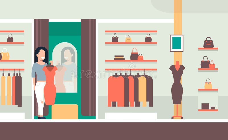 Business woman trying on new dress elegant woman looking at mirror fashion shop female clothes market modern shopping vector illustration Business woman trying on new dress elegant woman looking at mirror fashion shop female clothes market modern shopping vector illustration