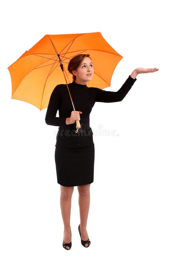 Business woman with umbrella check if it rains