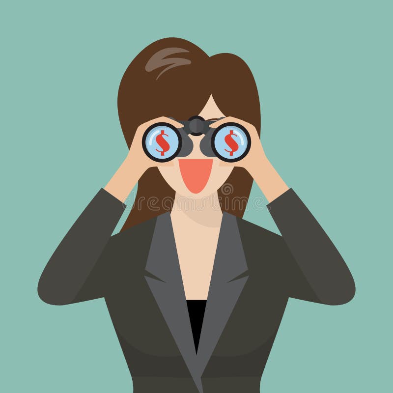 Business woman use binoculars looking for money royalty free illustration Business woman use binoculars looking for money royalty free illustration