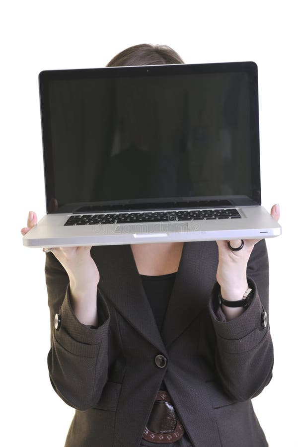 Business woman working on laptop isolated on white