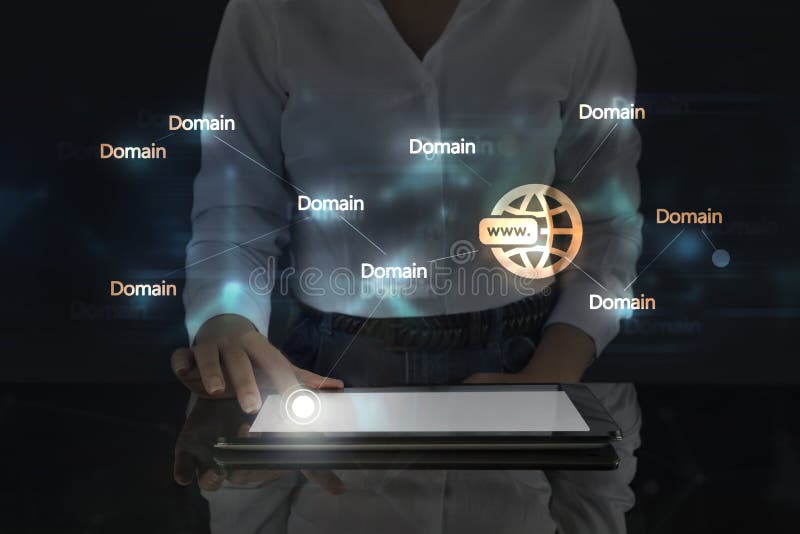 Business Woman Works on Digital Screen about Domain Stock Photo Image