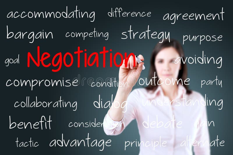 Business woman writing negotiation concept. Blue background.