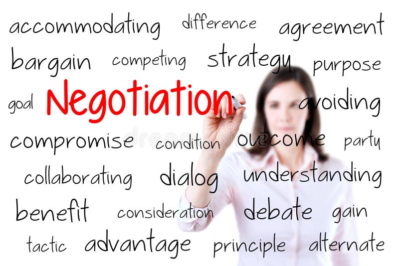 Business woman writing negotiation concept. Isolated on white.
