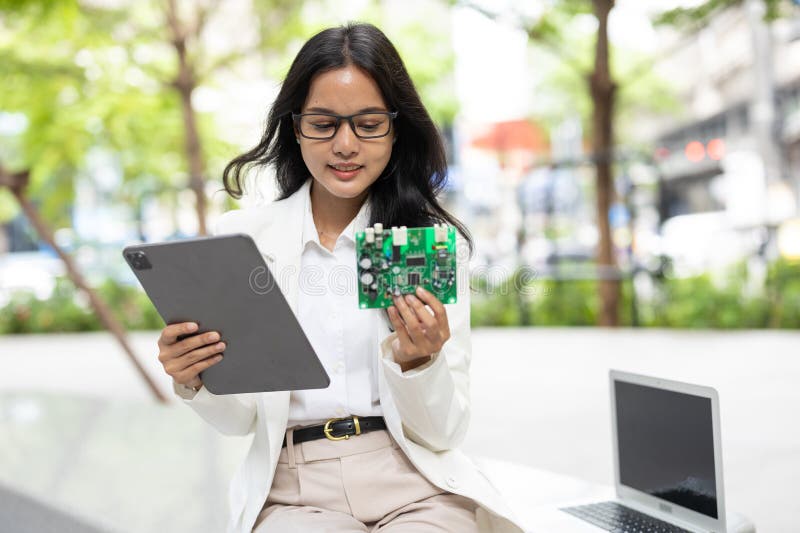 Business women computer hardware engineer. Project lead PCB designer working royalty free stock photography