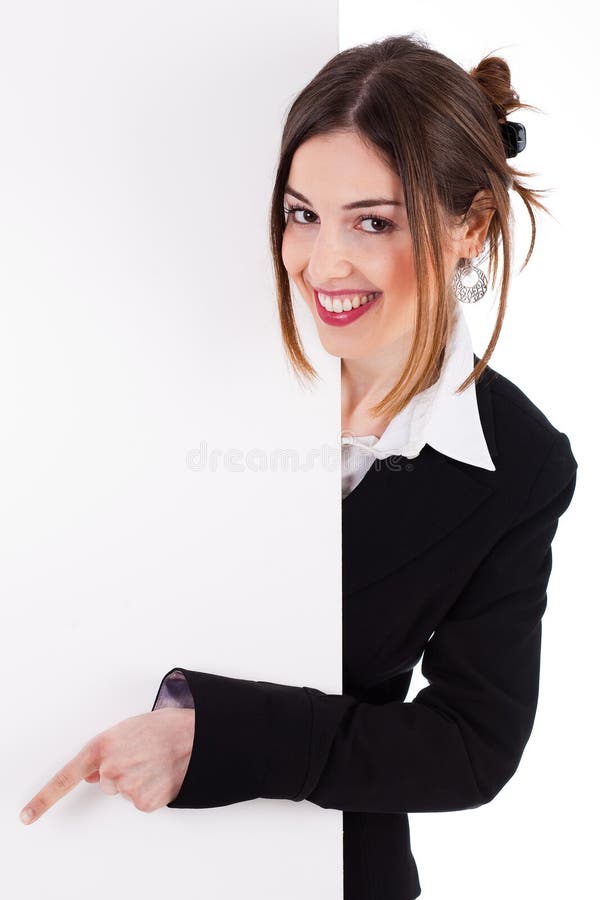 Business women smiling and pointing a blank board