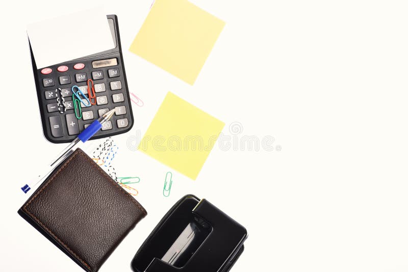 Business and work concept: stationery and wallet on white background stock images