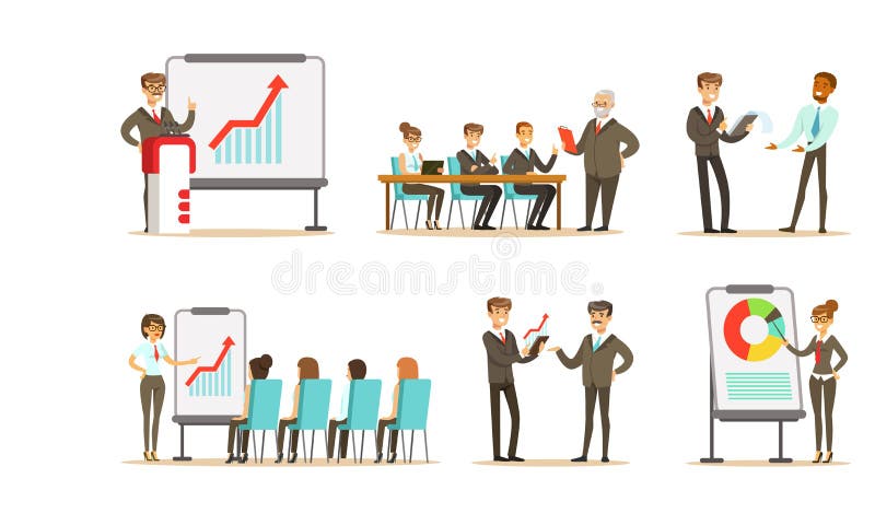 Business Workflow Scenes Set, Business People Working in Office, Taking Part in Business Meeting, Negotiating and