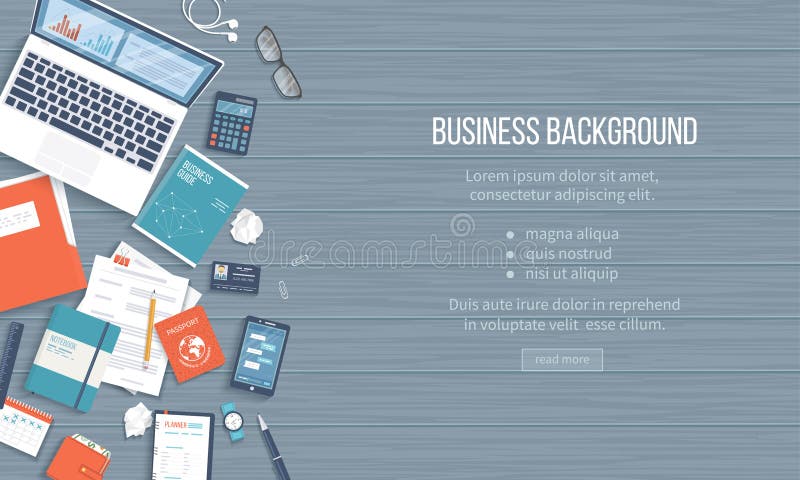 Business Workplace Desktop background. Top view of table, laptop, folder, notepad, business card, purse. Place for text. vector illustration Business Workplace Desktop background. Top view of table, laptop, folder, notepad, business card, purse. Place for text. vector illustration
