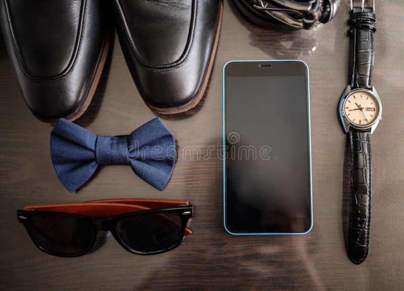 Elegant Men`s Business Accessories. Black Watches, Belt, Notepad
