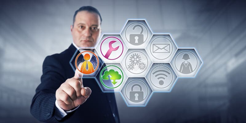 Businessman Activating Managed Services Icons stock photos