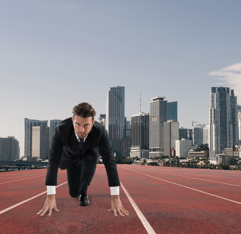 Businessman acts like a runner. Competition and challenge in business concept royalty free stock images Businessman acts like a runner. Competition and challenge in business concept royalty free stock images