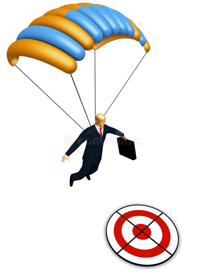 Businessman with parachute aiming on target. Aiming target illustrations