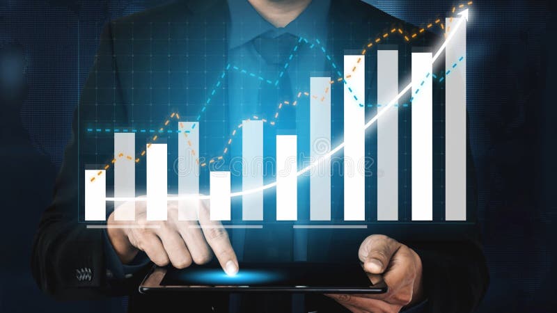 Businessman Analyzing Digital Data Trends on Tablet with Growing Graph Representations of Profit and Performance in royalty free illustration