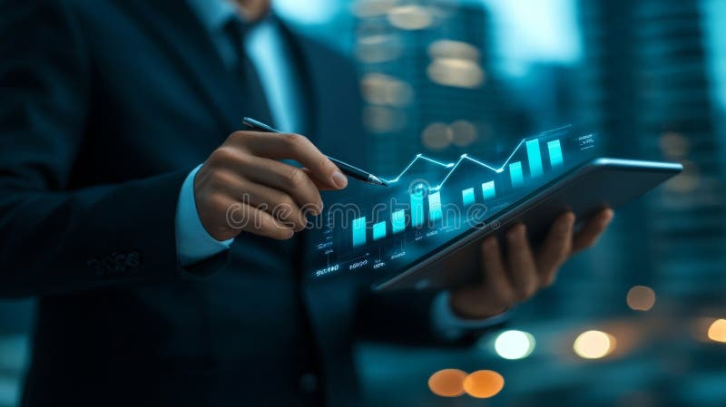 Businessman Analyzing Growing Bar Graph on Futuristic Transparent Tablet with Cityscape Background stock illustration