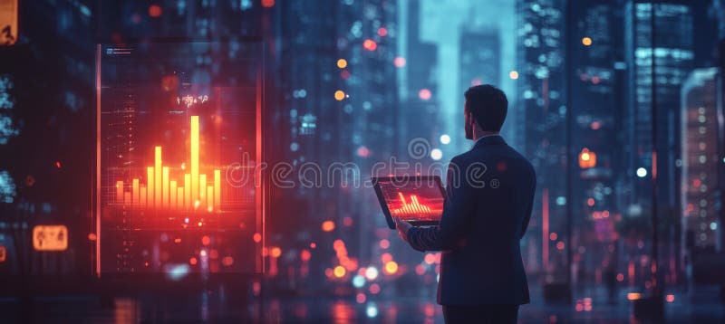 Businessman Analyzing Rising Bar Graph with Upward Arrow on Tablet, Cityscape Background vector illustration