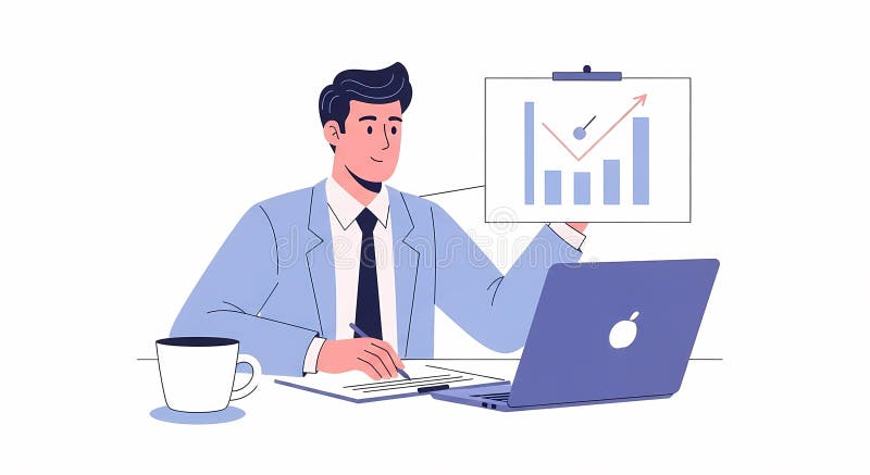 Businessman Analyzing Sales Chart and Working on Laptop at Desk stock illustration