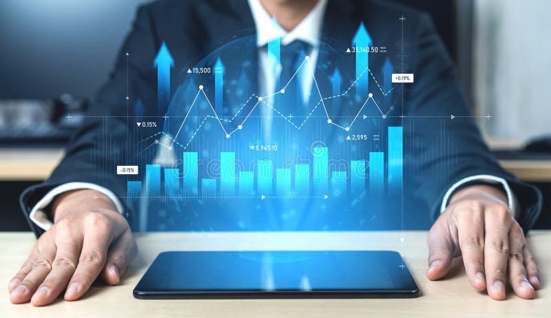 Businessman Analyzing Stock Market Trends with Advanced Technology Visualization on Digital Table in Modern Office stock images
