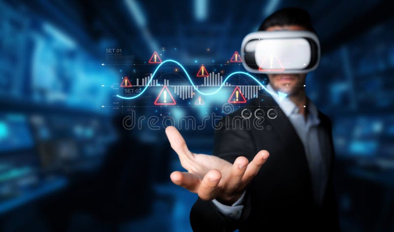 Businessman Analyzing Stock Market Trends with Virtual Reality Technology and Data Analytics in a Modern Financial vector illustration