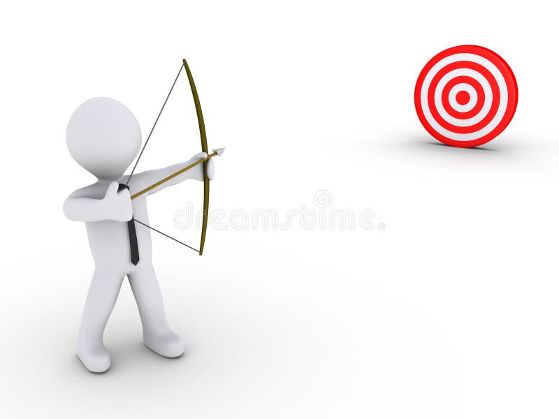 3d businessman as an archer is aiming at a red target. Aiming target illustrations