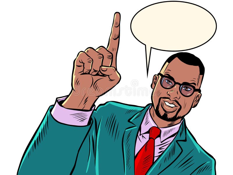Businessman attention gesture index finger up, announcement and advertising concept. a smiling man in a suit vector illustration
