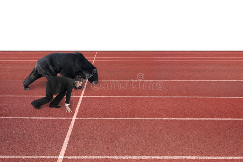 Businessman and bear are ready to race on running track