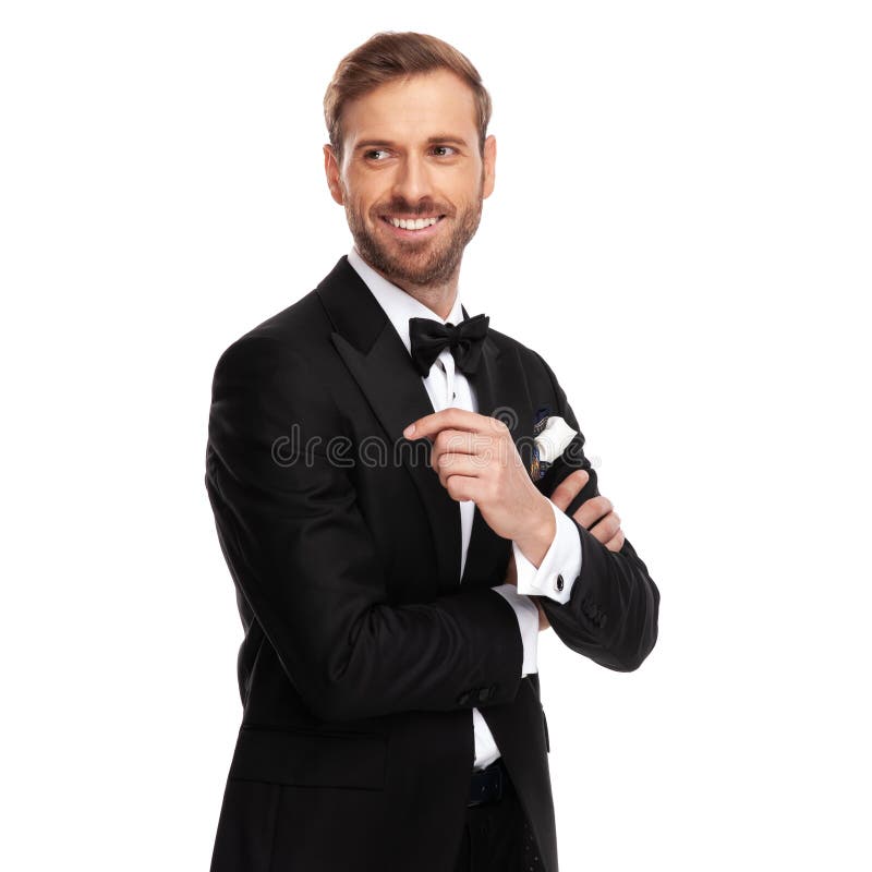 Businessman In Black Suit Pointing And Looking To Side Stock Image ...